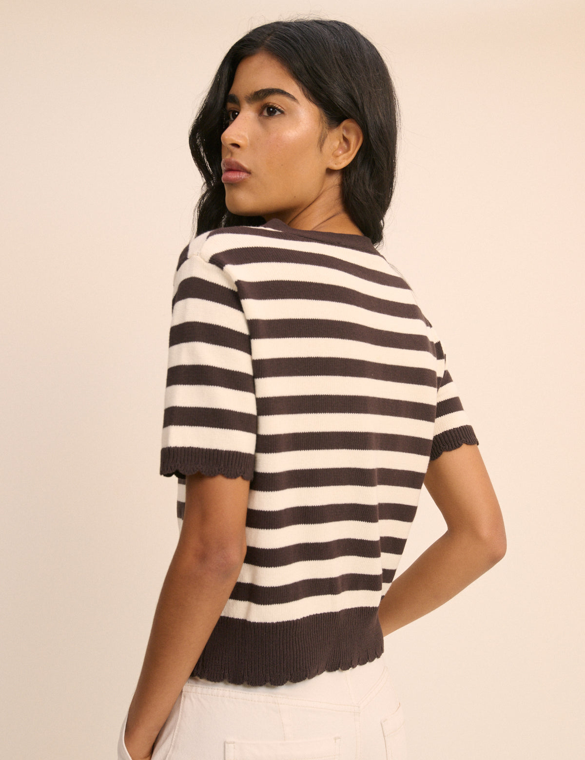 Brown and White Stripe Short Sleeve Tie Neck Cardigan