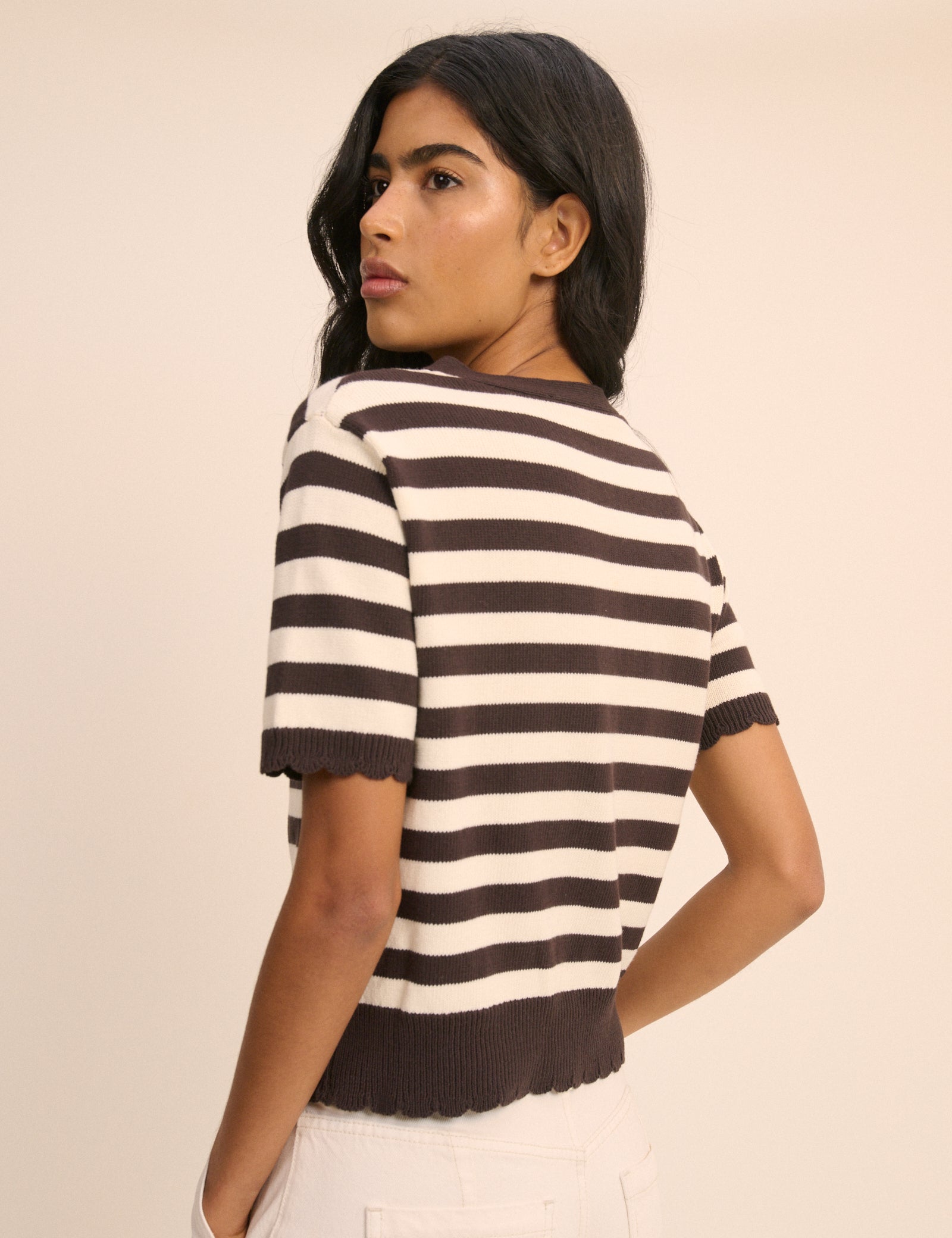Brown and White Stripe Short Sleeve Tie Neck Cardigan