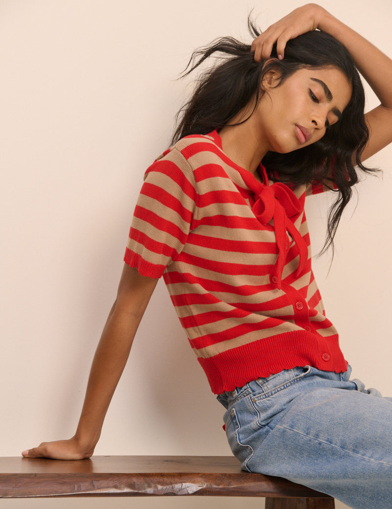 Red Strip Short Sleeve Tie Neck Cardigan