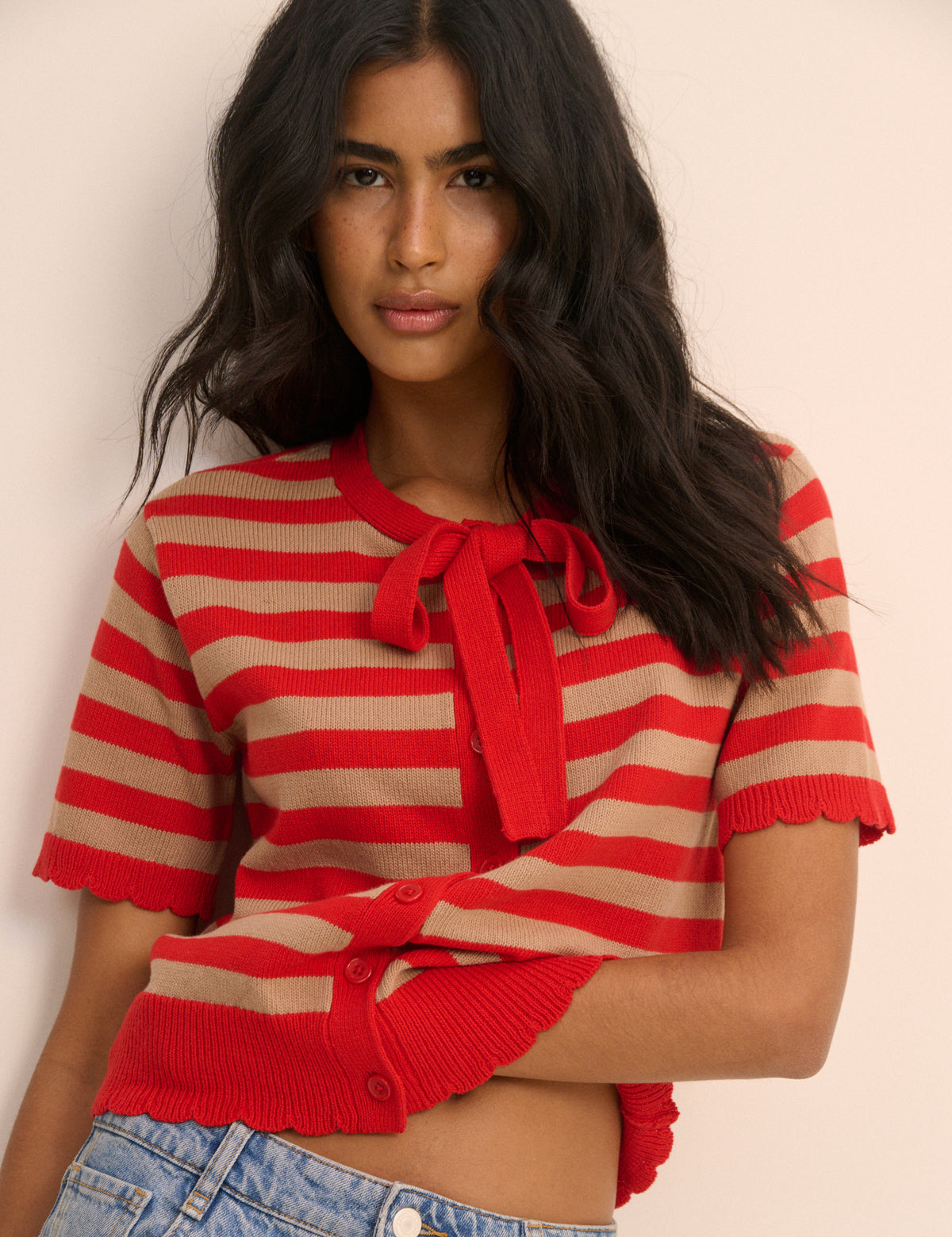 Red Strip Short Sleeve Tie Neck Cardigan