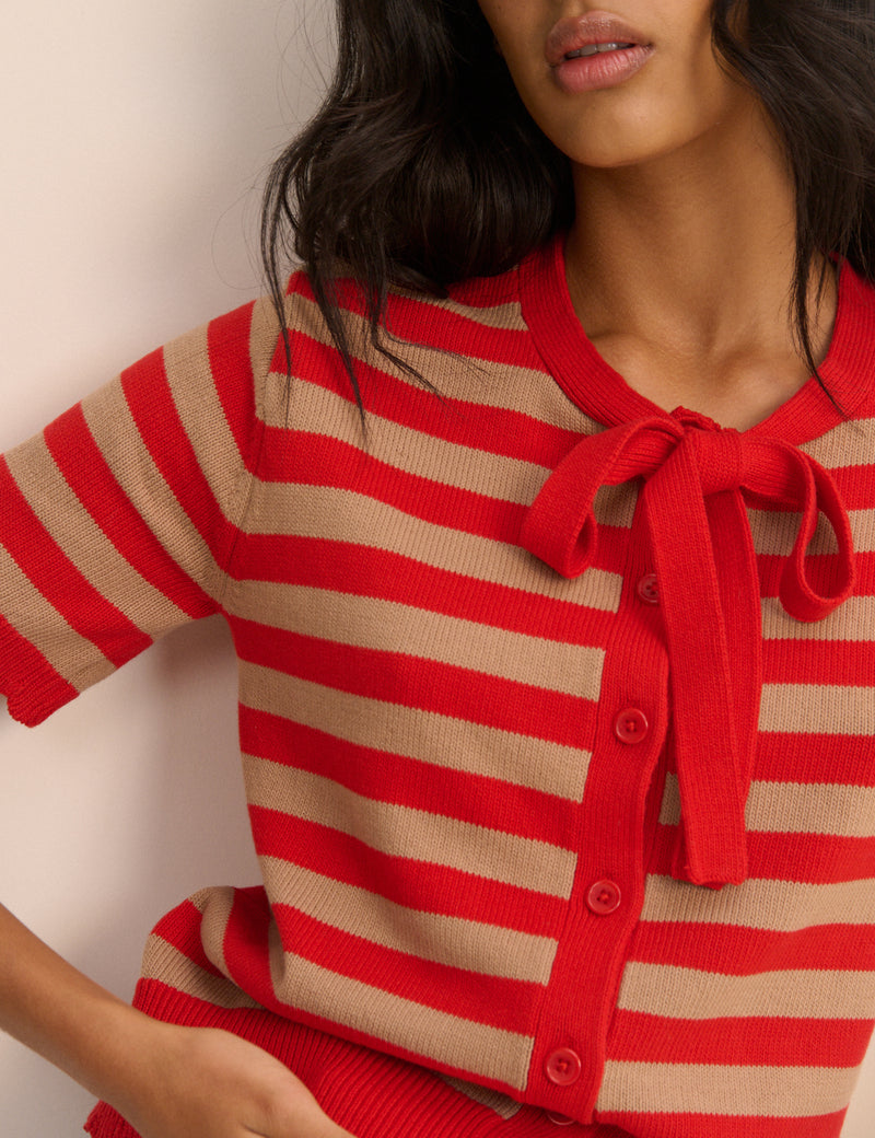 Red Strip Short Sleeve Tie Neck Cardigan