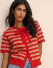 Red Strip Short Sleeve Tie Neck Cardigan
