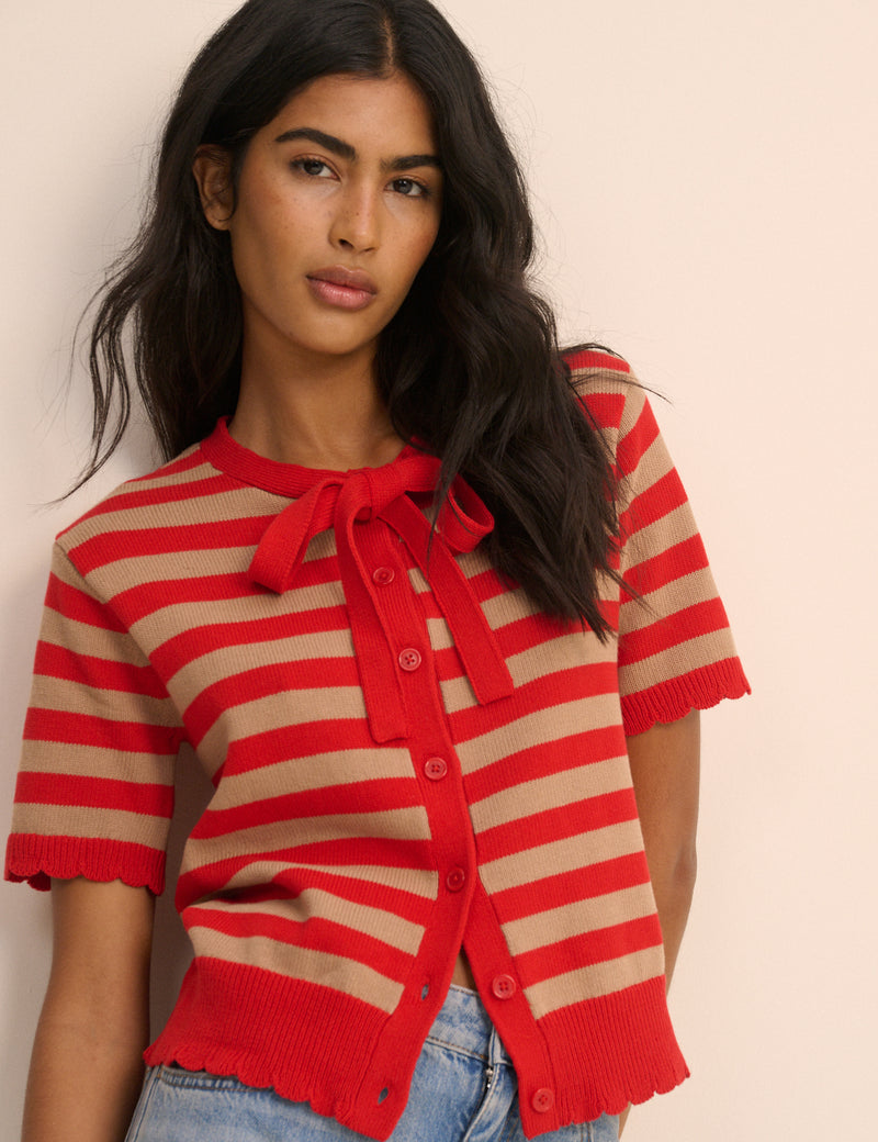 Red Strip Short Sleeve Tie Neck Cardigan