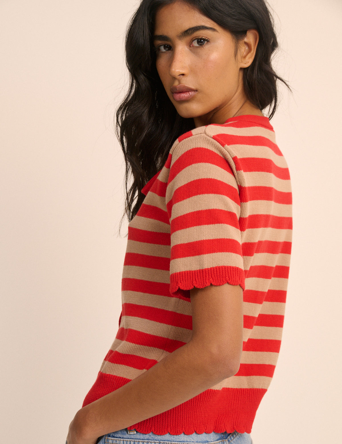 Red Strip Short Sleeve Tie Neck Cardigan