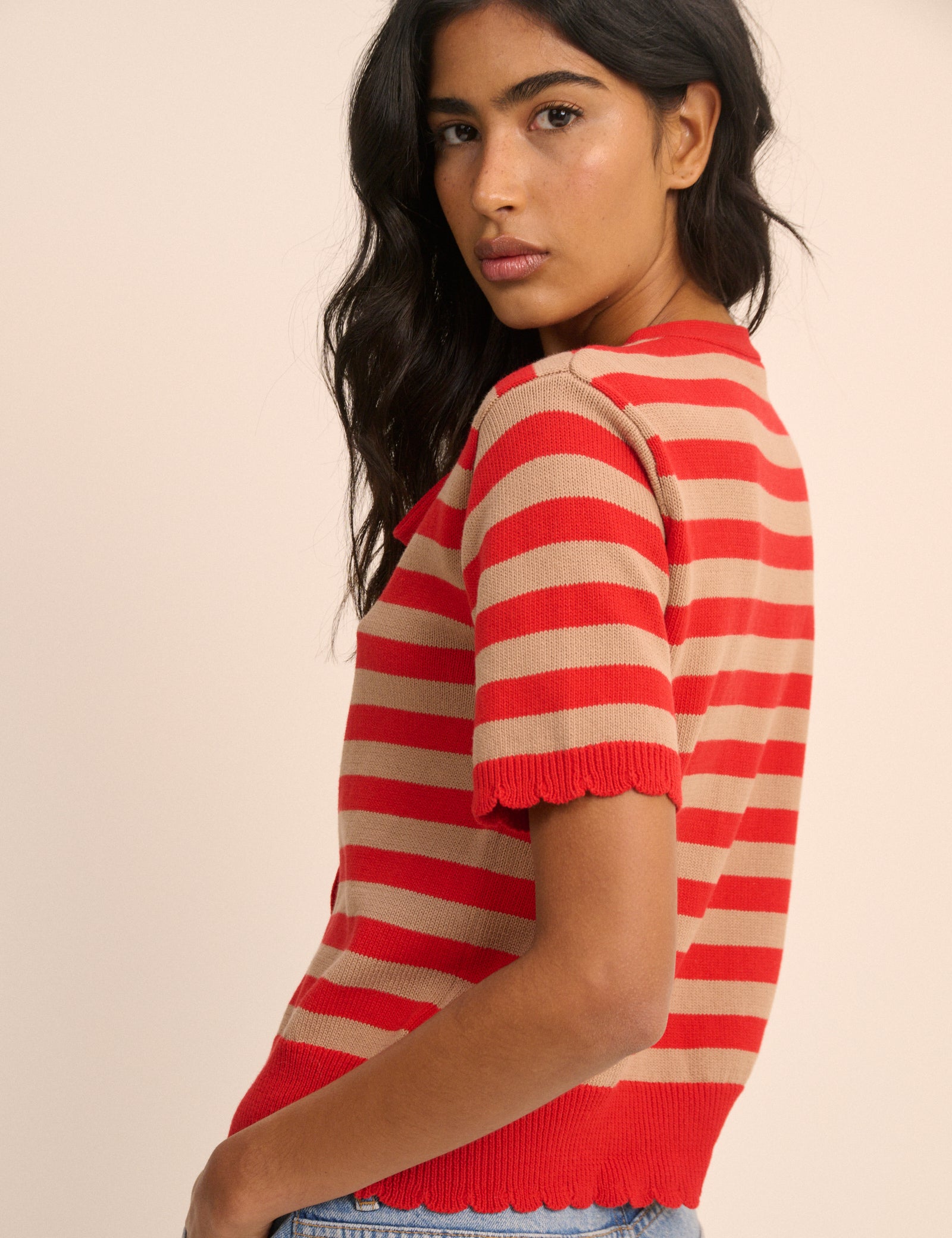 Red Strip Short Sleeve Tie Neck Cardigan