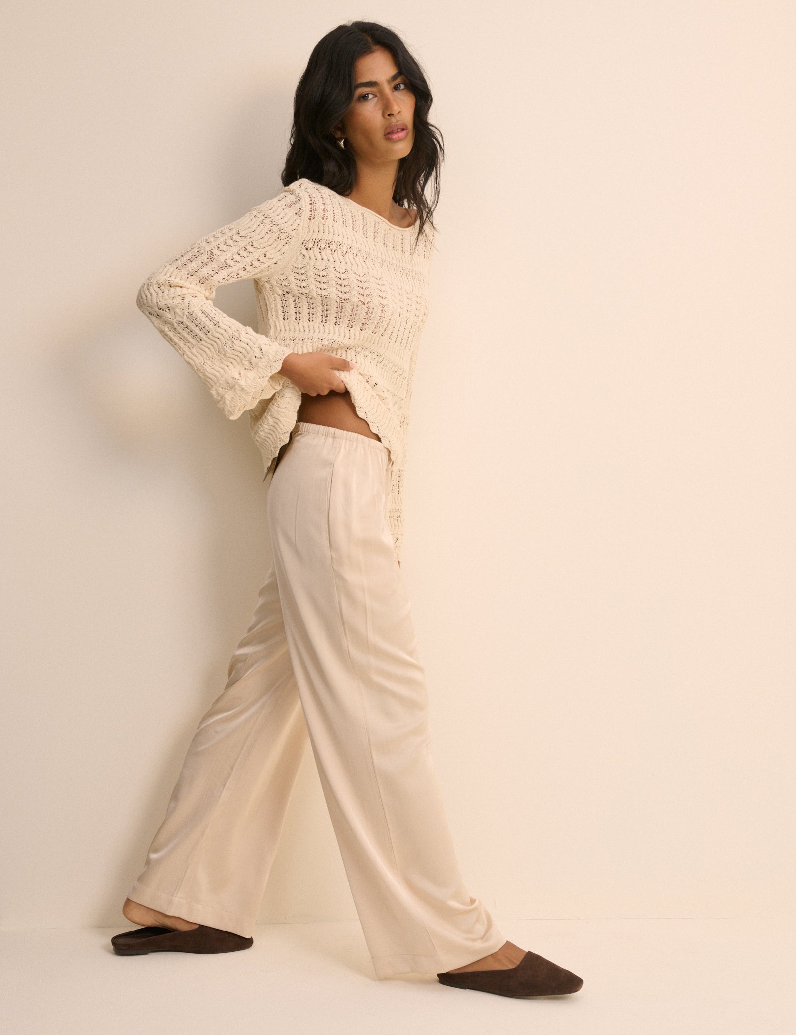 Cream Pointelle Boat Neck Jumper