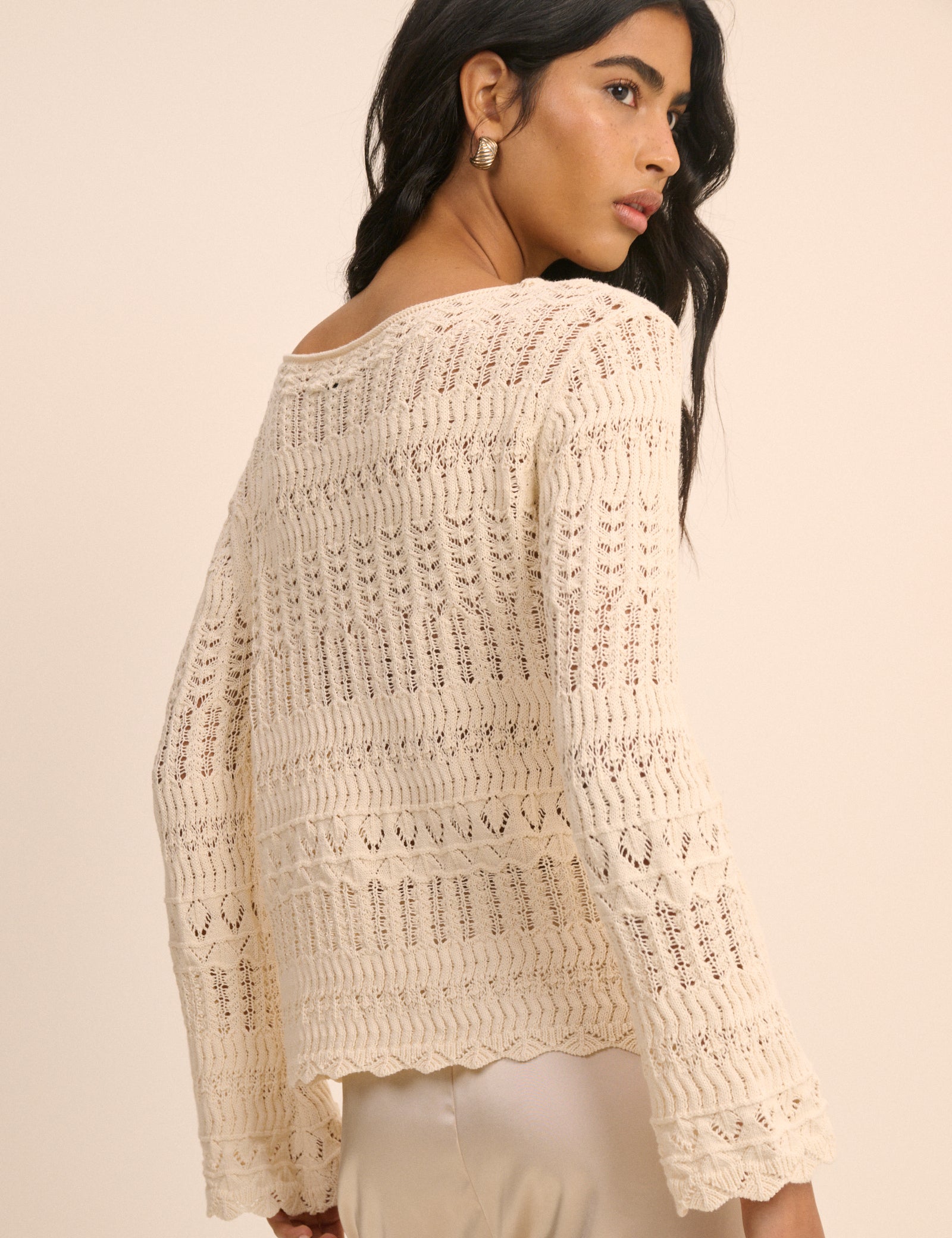 Cream Pointelle Boat Neck Jumper