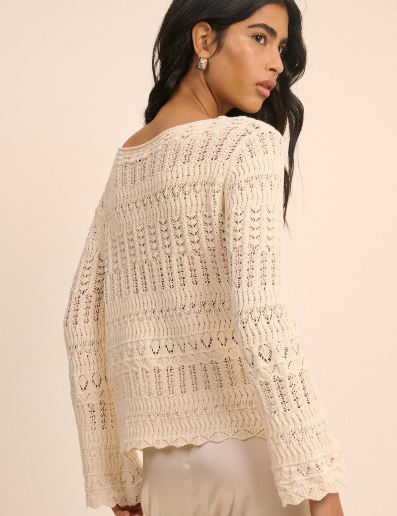Cream Pointelle Boat Neck Jumper