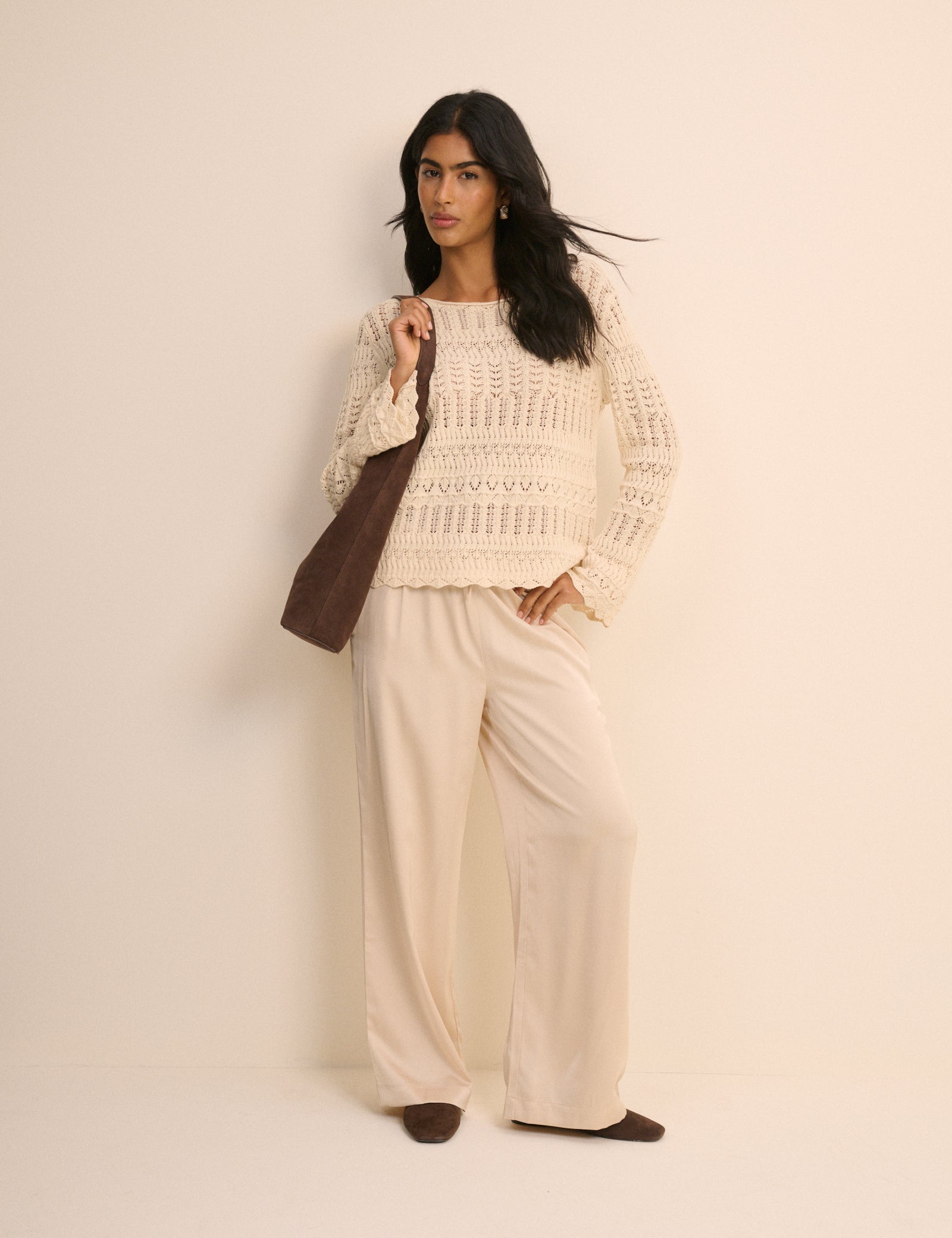 Cream Pointelle Boat Neck Jumper