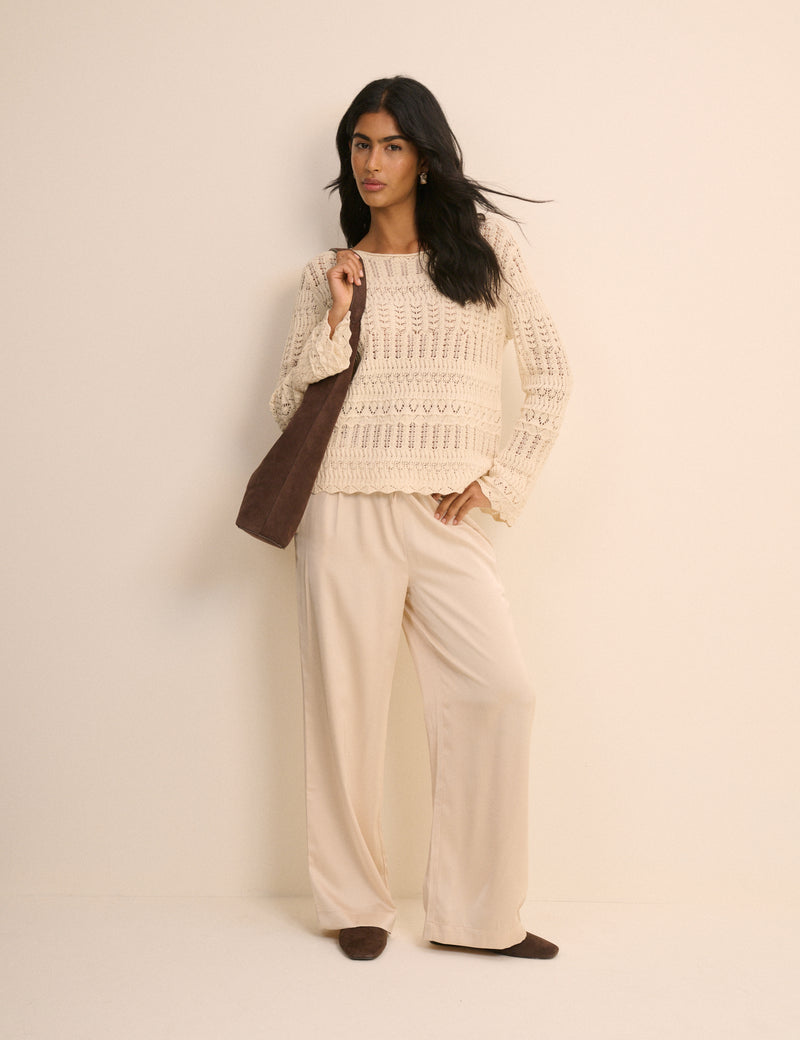 Cream Pointelle Boat Neck Jumper