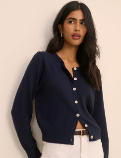 Navy button-front crew neck cardigan