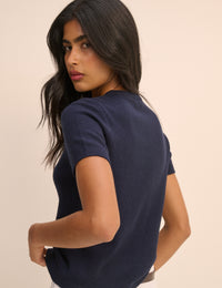 Navy Knitted Short Sleeve Top