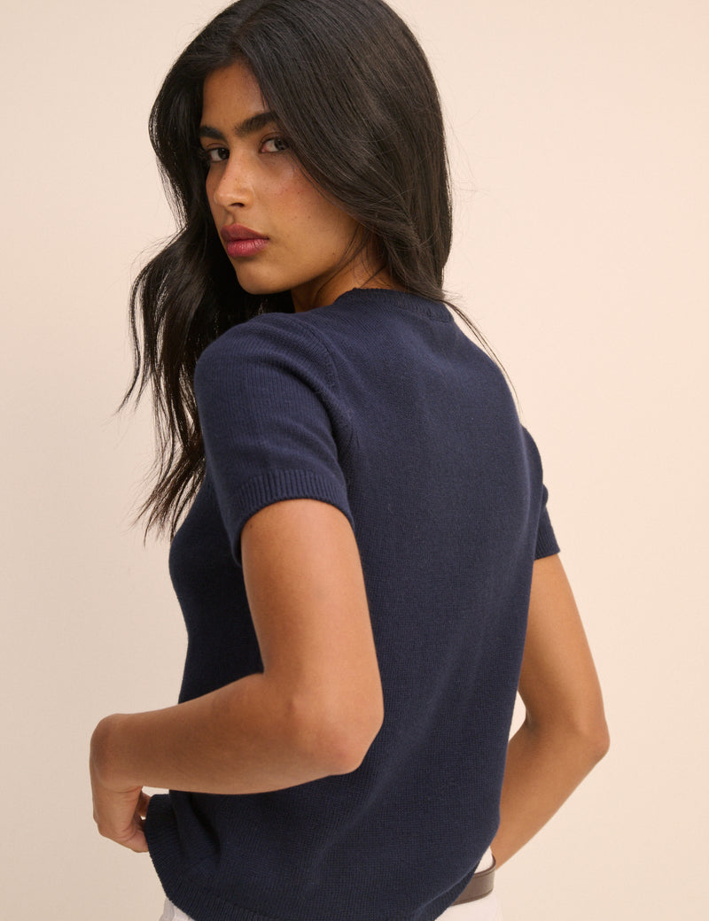 Navy Knitted Short Sleeve Top