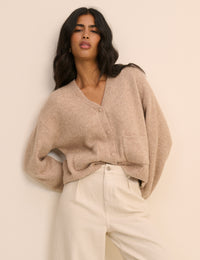 Beige V-Neck Pocket Cardigan