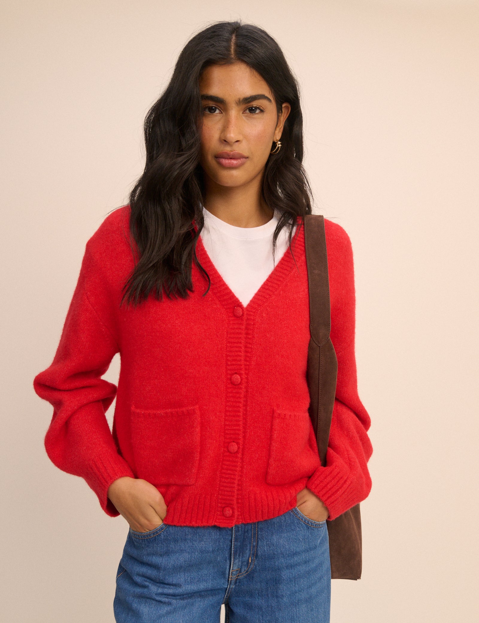 Red V-Neck Pocket Cardigan