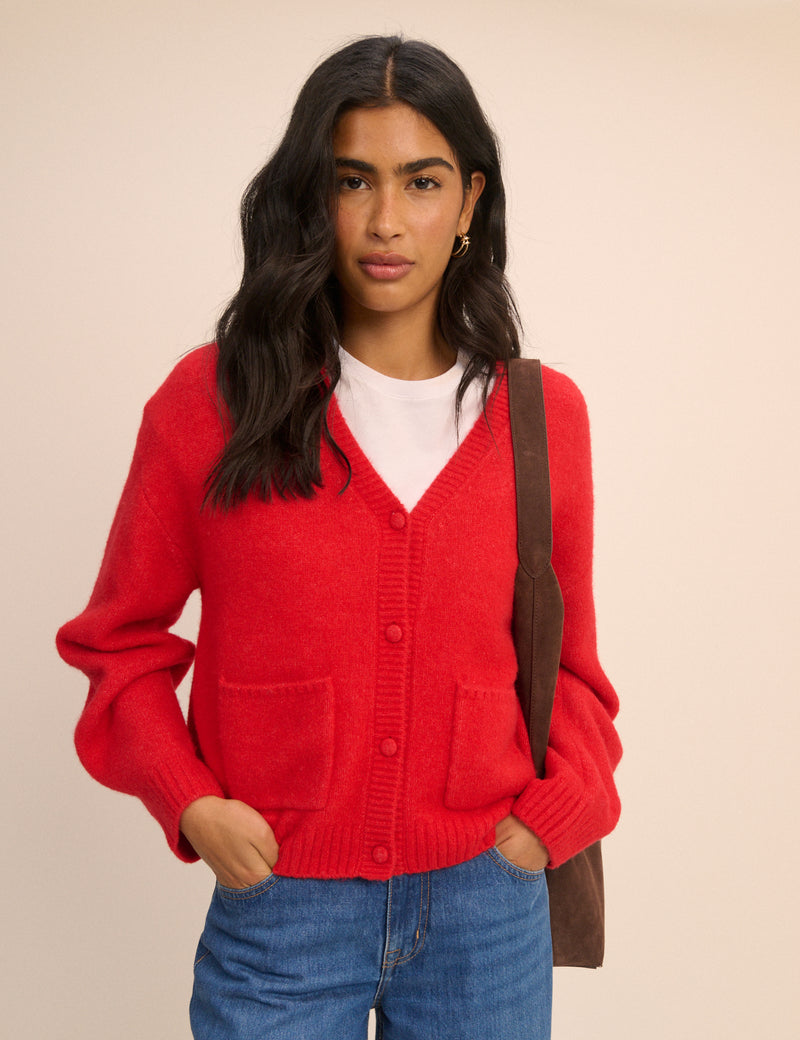 Red V-Neck Pocket Cardigan