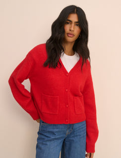 Red V-neck button-front cardigan with patch pockets