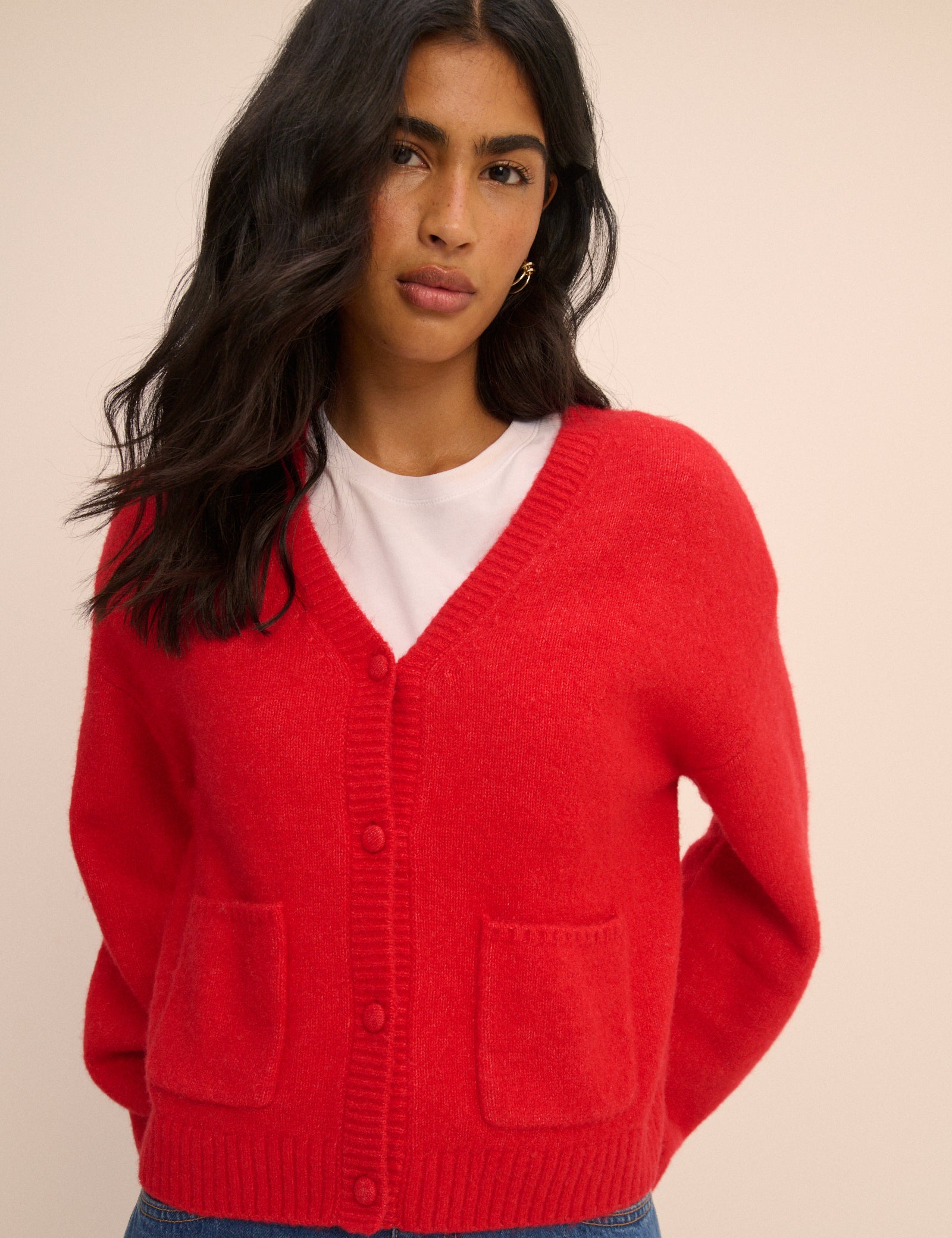Red V-Neck Pocket Cardigan