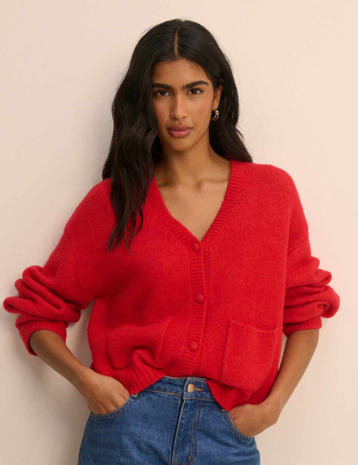 Red V-Neck Pocket Cardigan