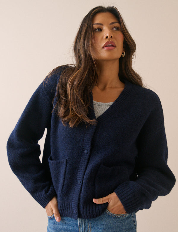 Navy Knitted V-Neck Cardigan