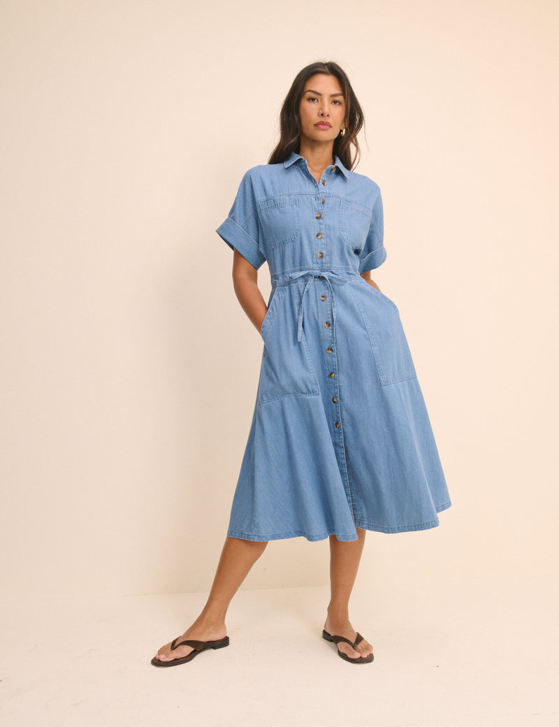 Denim Short Sleeve Shirt Dress Drawstring Waist Caleb