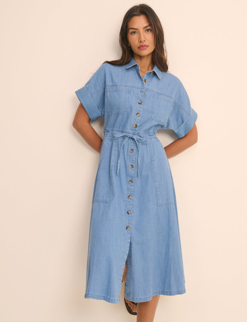 Denim Short Sleeve Shirt Dress Drawstring Waist Caleb