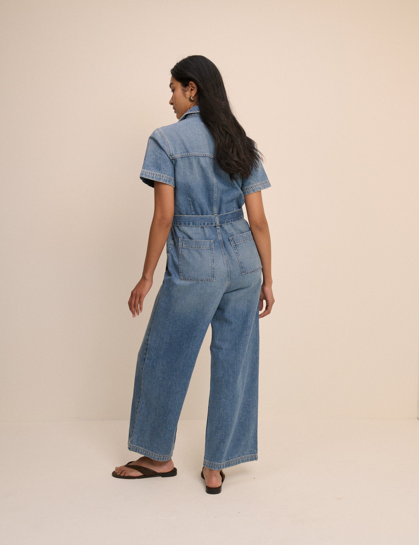 Mid Wash Denim Tie Waist Mylos Jumpsuit