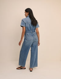 Mid Wash Denim Tie Waist Mylos Jumpsuit