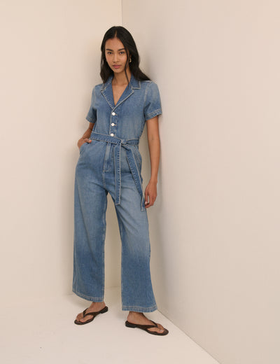 Mid Wash Denim Tie Waist Mylos Jumpsuit