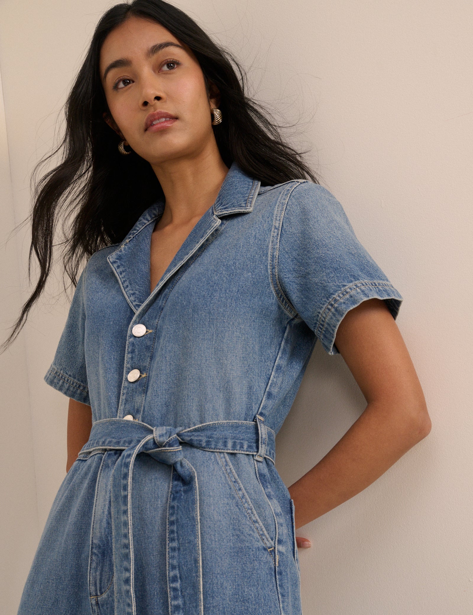 Mid Wash Denim Tie Waist Mylos Jumpsuit