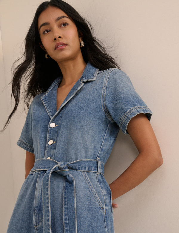 Mid Wash Denim Tie Waist Mylos Jumpsuit