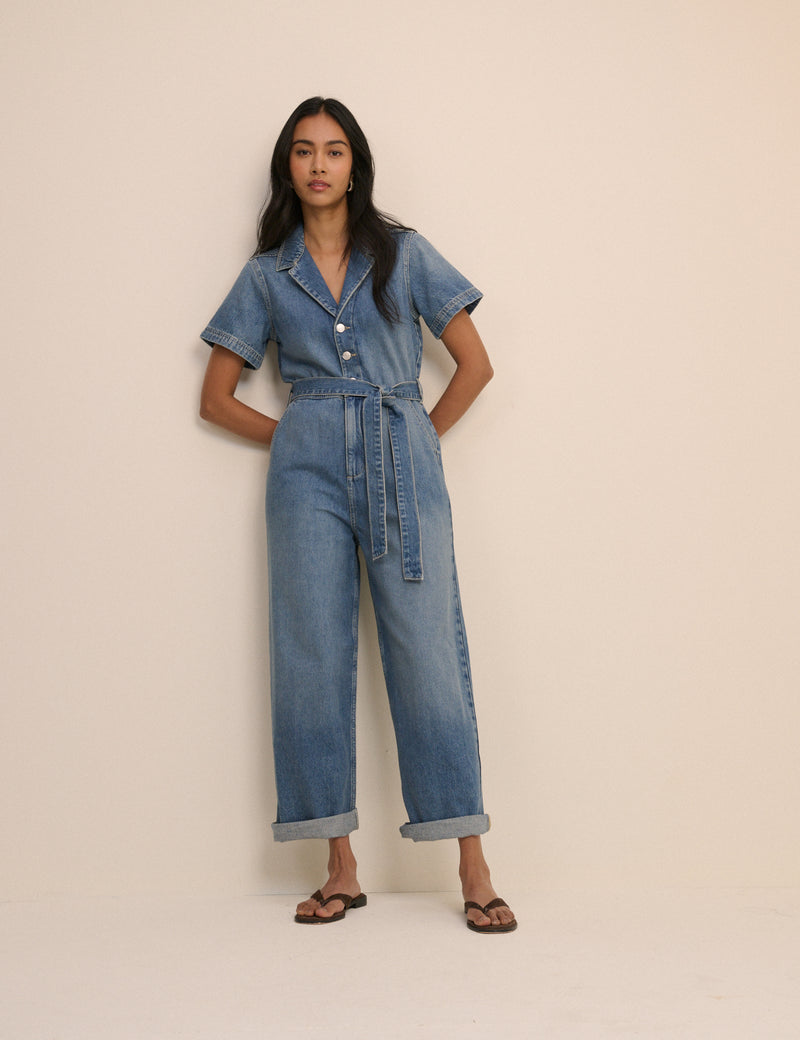 Mid Wash Denim Tie Waist Mylos Jumpsuit