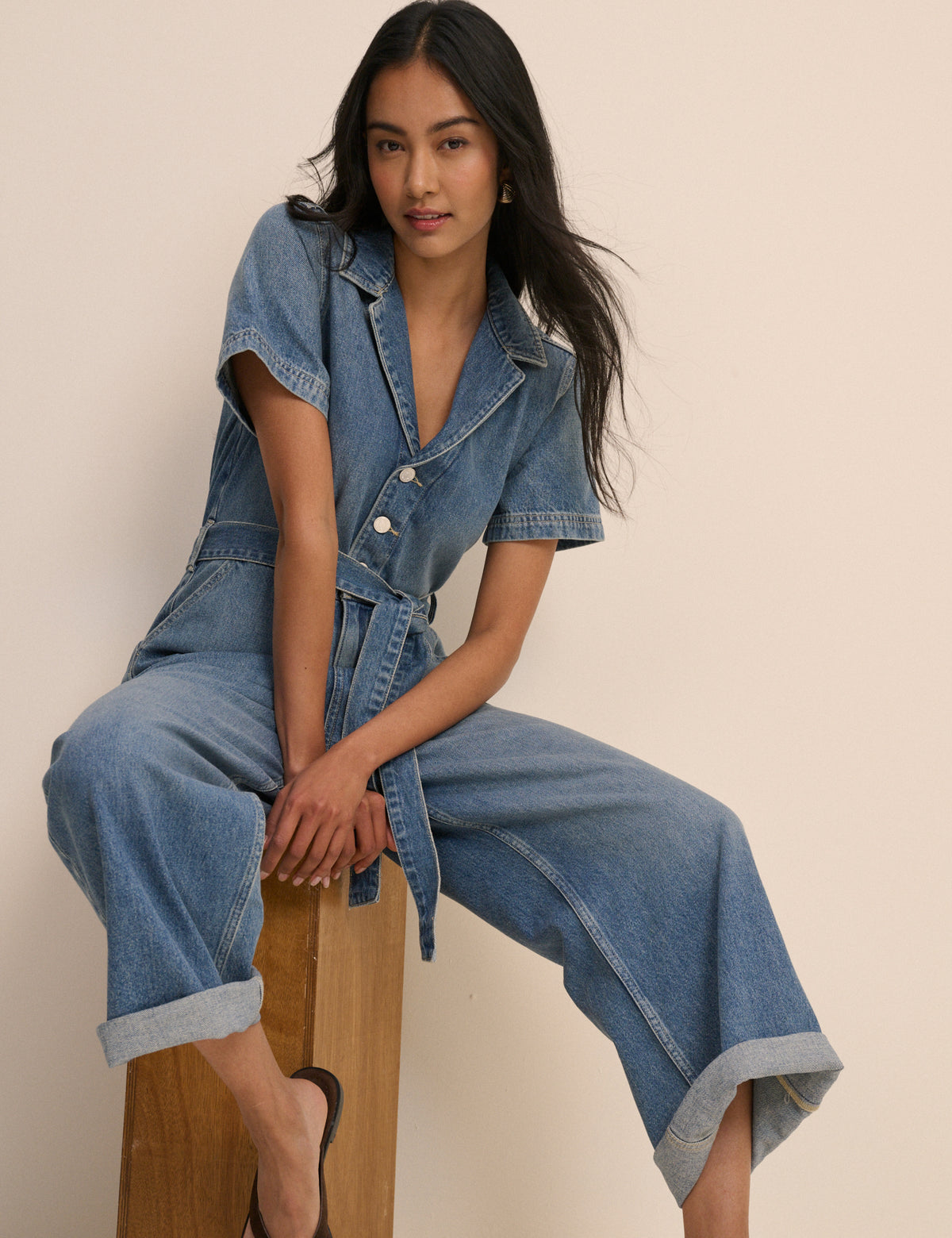 Mid Wash Denim Tie Waist Mylos Jumpsuit