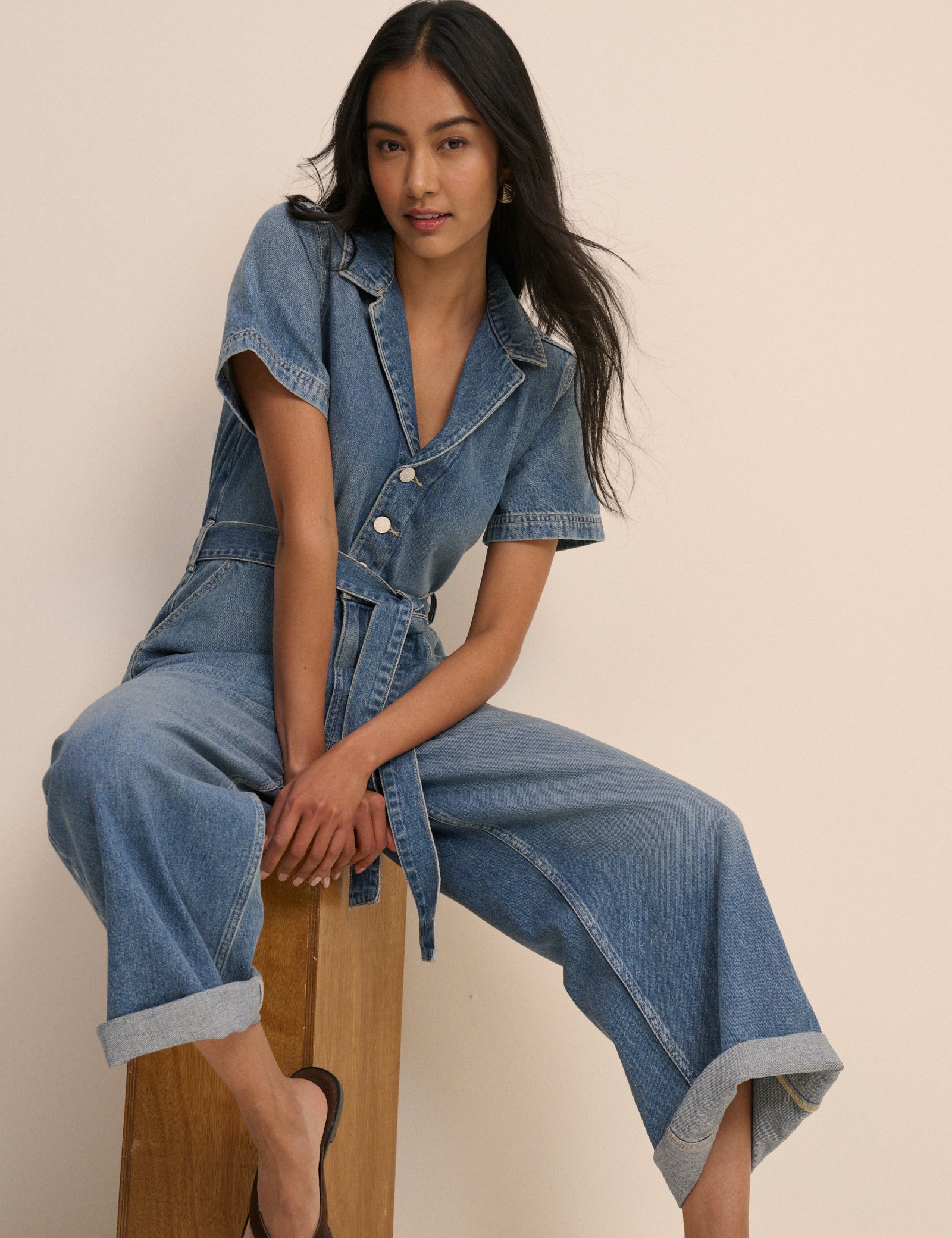 Mid Wash Denim Tie Waist Mylos Jumpsuit