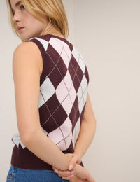 Pink And Brown Knitted Argyle Vest Top