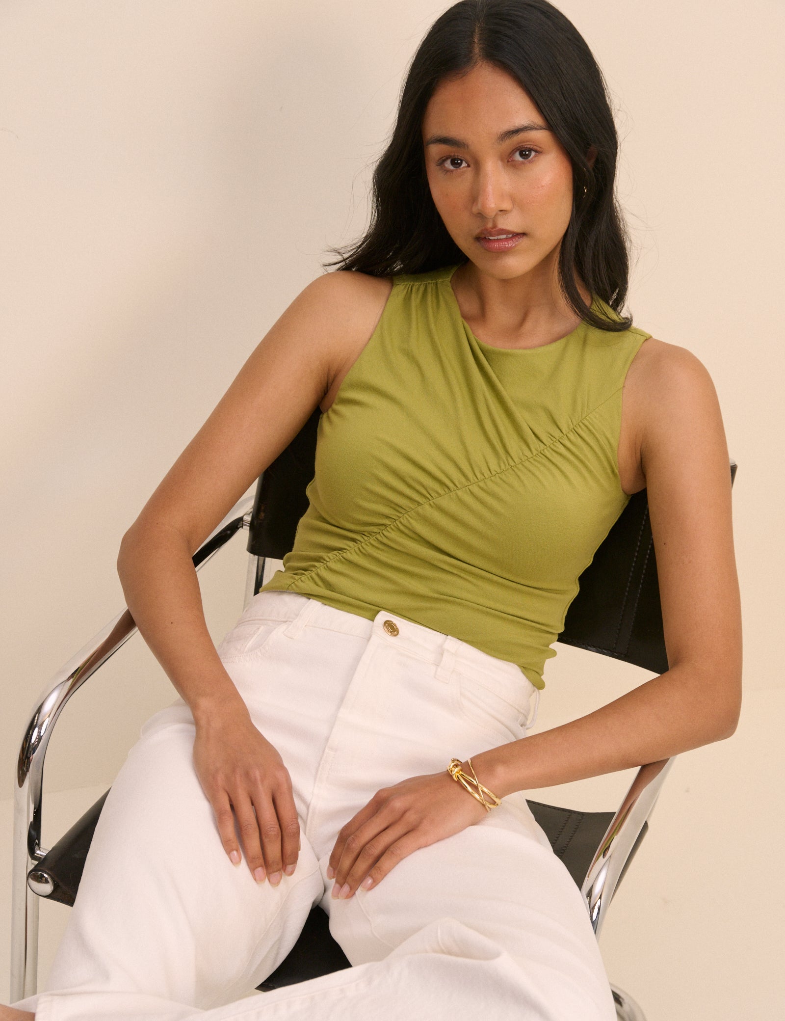 Pistachio Green Sleeveless Ruched Top