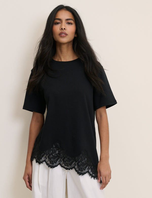 Black Asymmetric Lace Hem Top