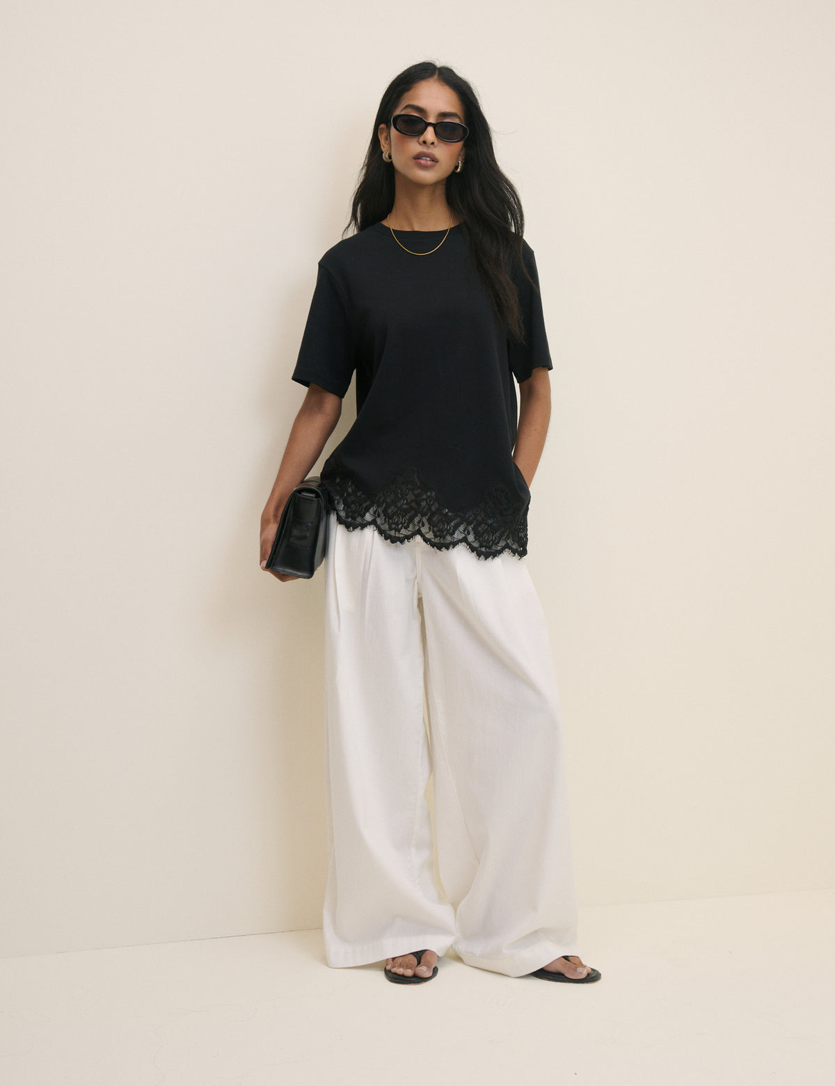 Black Asymmetric Lace Hem Top