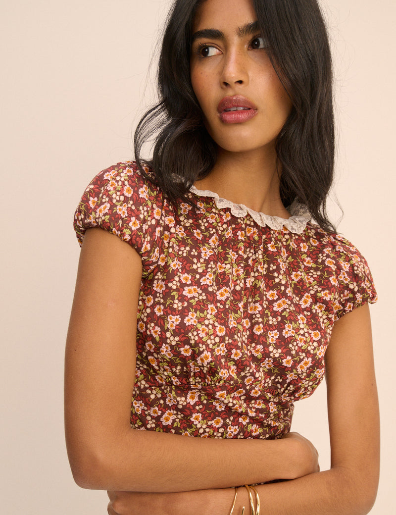 Brown Floral Puff Sleeve Marianna Midi Dress