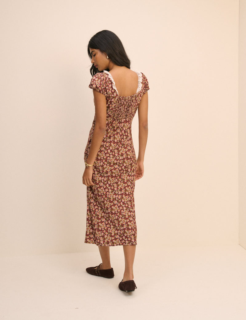 Brown Floral Puff Sleeve Marianna Midi Dress