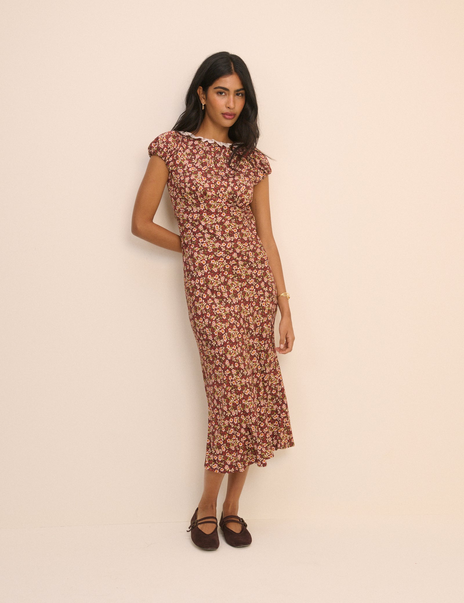 Brown Floral Puff Sleeve Marianna Midi Dress