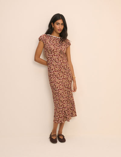 Brown Floral Puff Sleeve Marianna Midi Dress