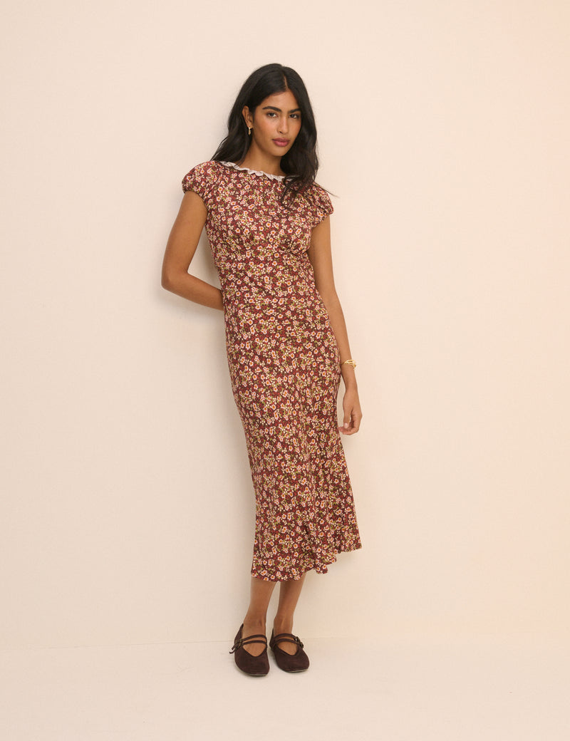 Brown Floral Puff Sleeve Marianna Midi Dress