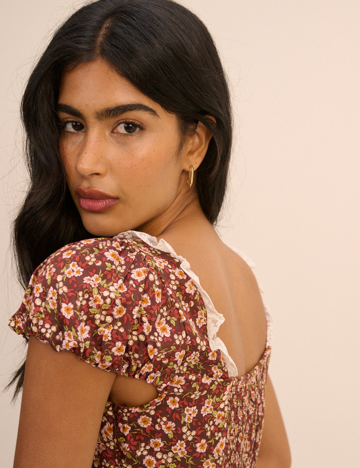 Brown Floral Puff Sleeve Marianna Midi Dress