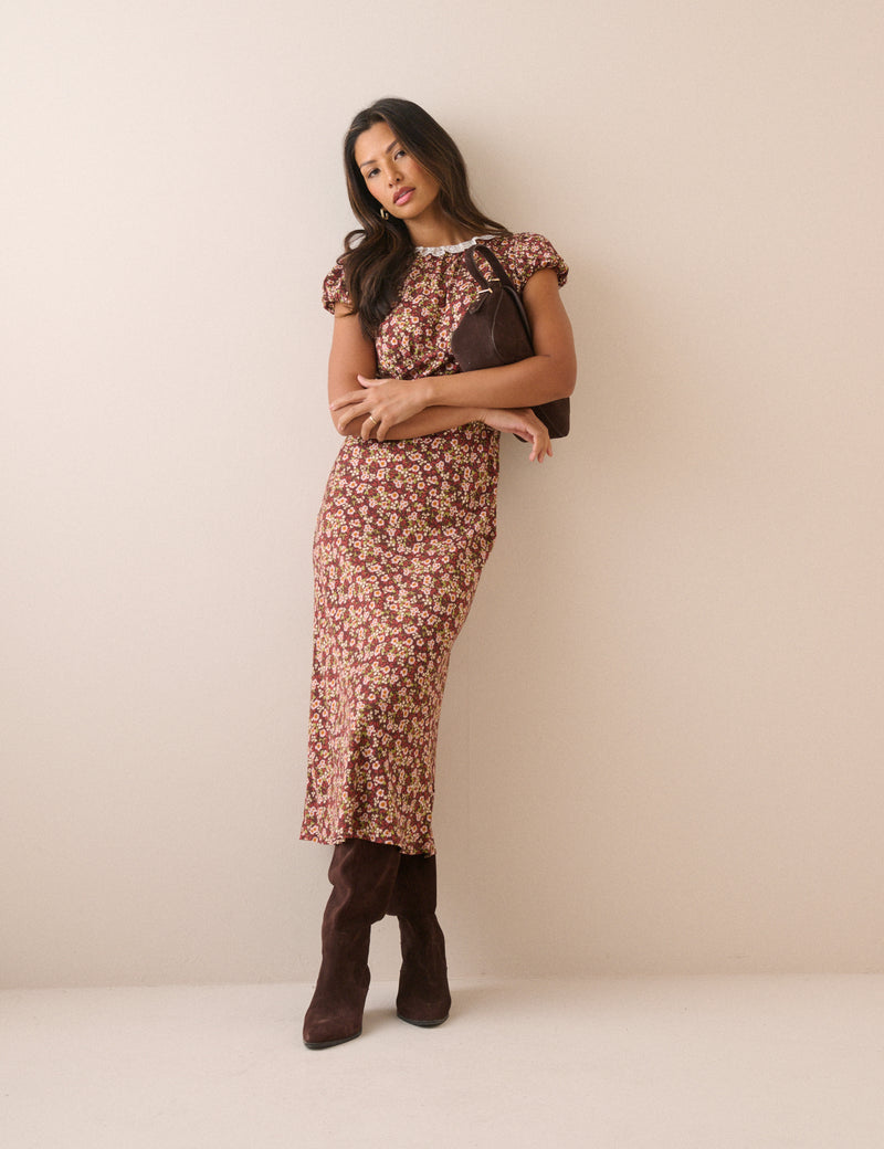 Brown Floral Puff Sleeve Marianna Midi Dress