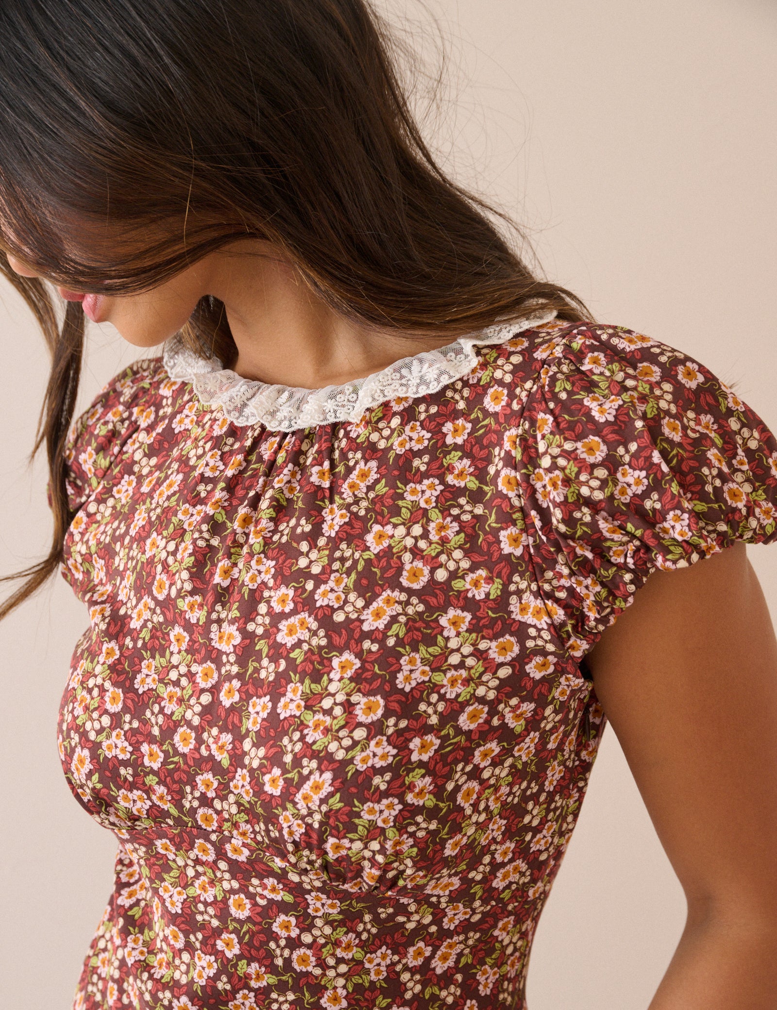 Brown Floral Puff Sleeve Marianna Midi Dress