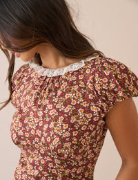 Brown Floral Puff Sleeve Marianna Midi Dress