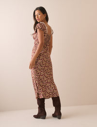 Brown Floral Puff Sleeve Marianna Midi Dress