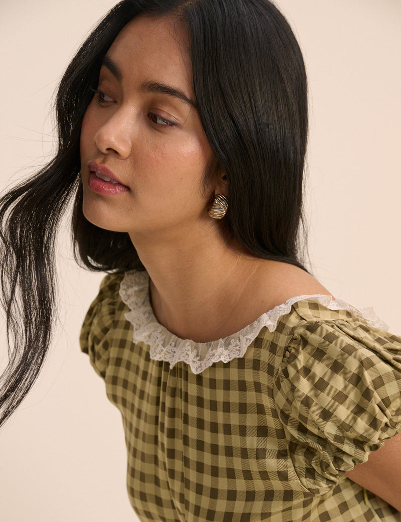 Green Gingham Puff Sleeve Marianna Midi Dress