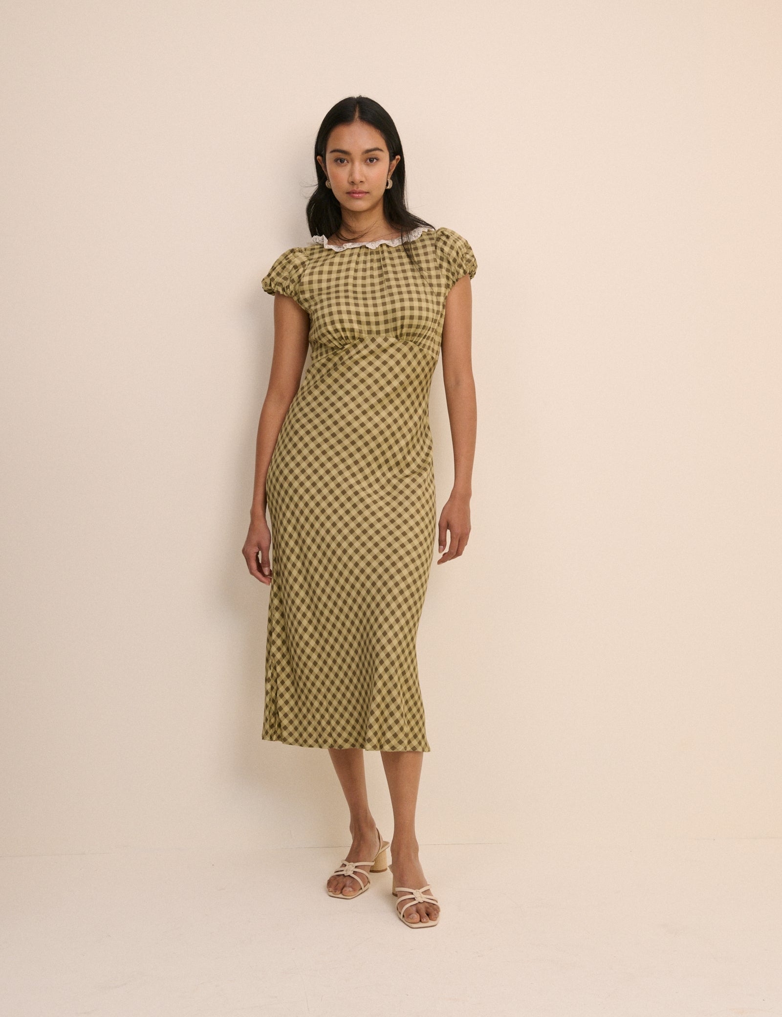 Green Gingham Puff Sleeve Marianna Midi Dress
